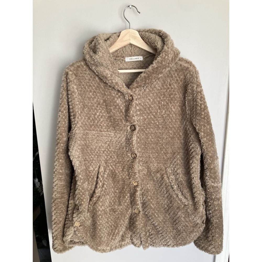 Cellabie Teddy Sherpa Jacket Women's XL Beige Hooded Button Front Cozy Plush